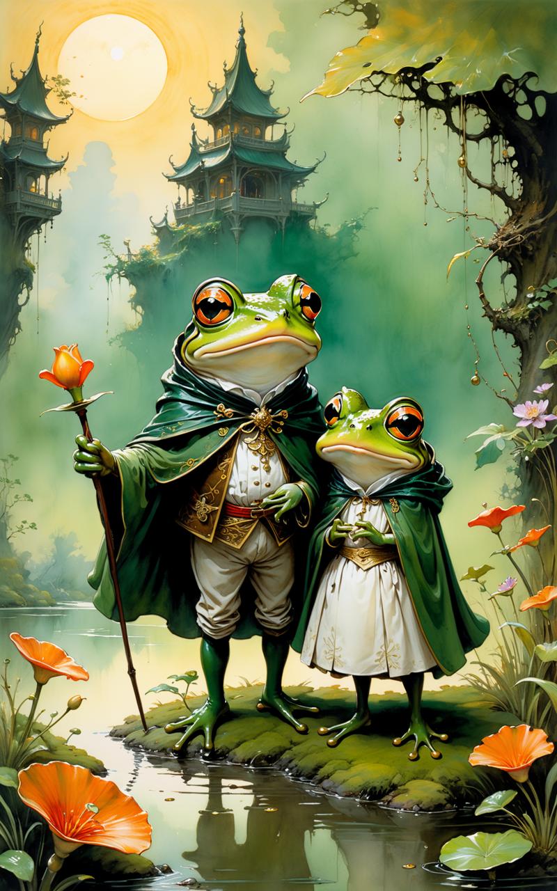 04384-1266678228-Whimsical ridicules funny happy prince frog with his girl, a stunningly detailed fluid gouache painting by Jean Baptiste Monge,.png